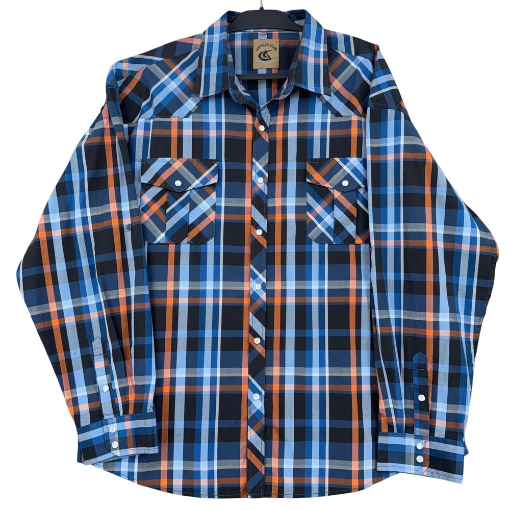 Coevals Club Western Snap Front Mens 4XL Poly Cotton Plaid Blue Orange Black